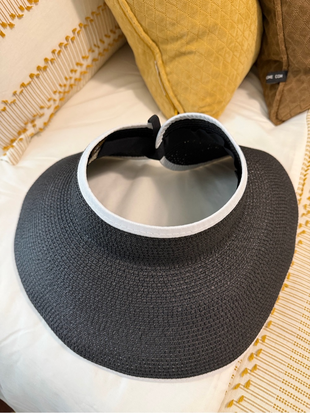 Sun & Sand Black Straw Hat/Sun Visor with White Trim - Women's Fashion Sun Shiel